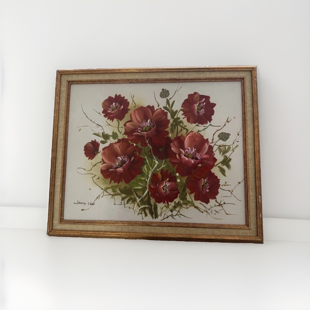 Vintage Nancy Lee Red Floral Framed Wall Art Print Picture 20x24, home decor
